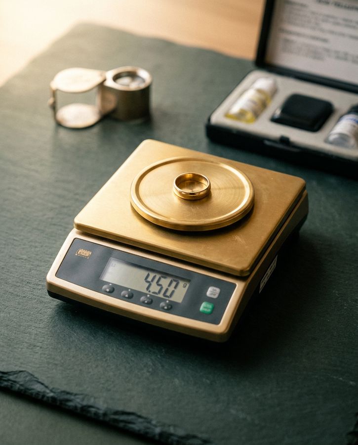 Präzisionswaage beim Wiegen eines Rings